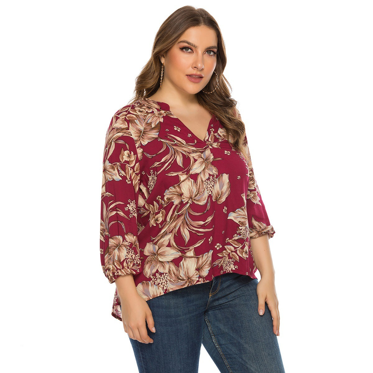 Plus Size Women Clothing Spring Autumn Long Sleeve V neck Printed Rayon Top