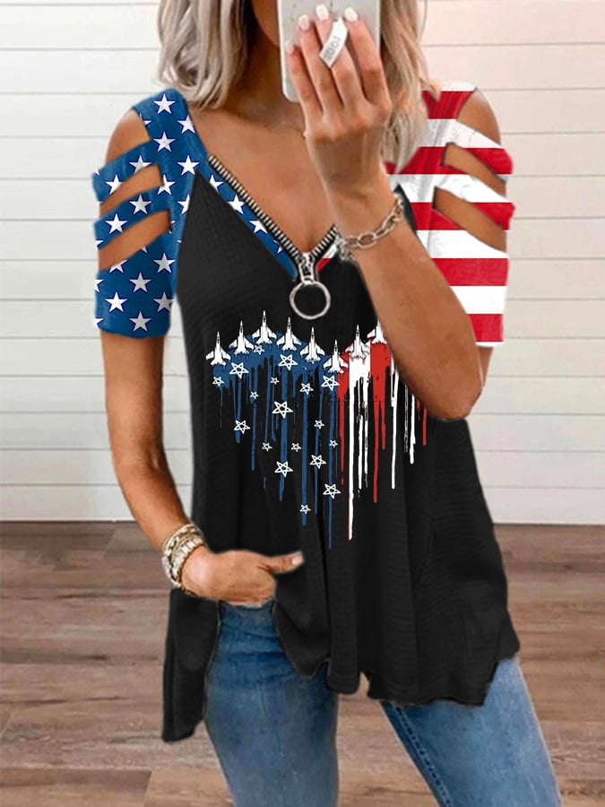 Women's Flag Printed V-Neck Zipper Casual T-Shirt