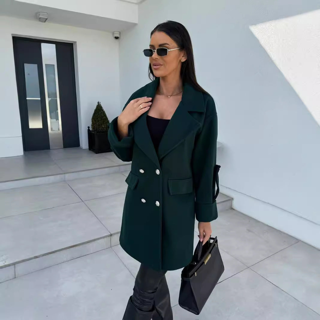 Fashionable H-Shaped Woolen Coat with Suit Collar
