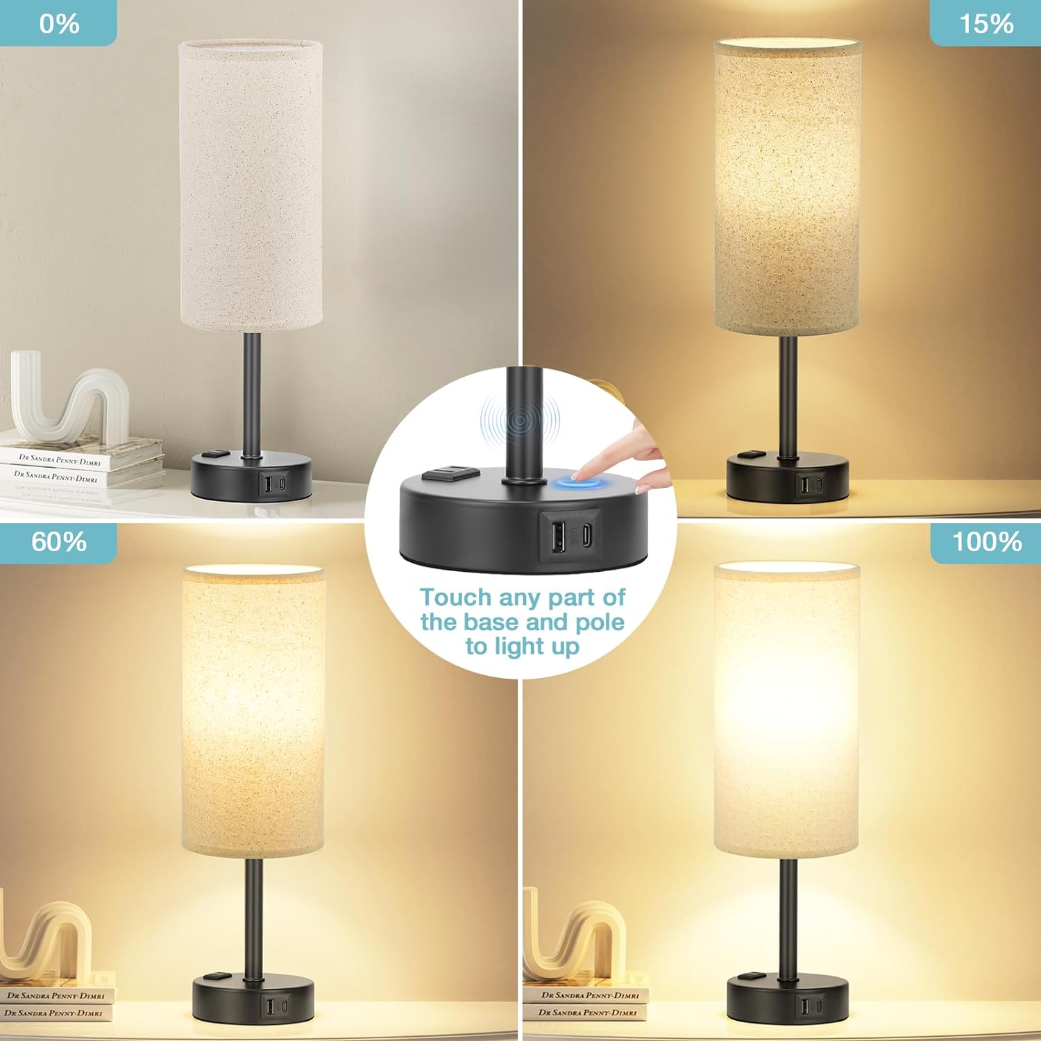 Bedside Table Lamp for Bedroom - 3 Way Dimmable Touch Lamp USB C Charging Ports and AC Outlet, Small Lamp Wood Base Round Flaxen Fabric Shade for Living Room, Desk, LED Bulb Included