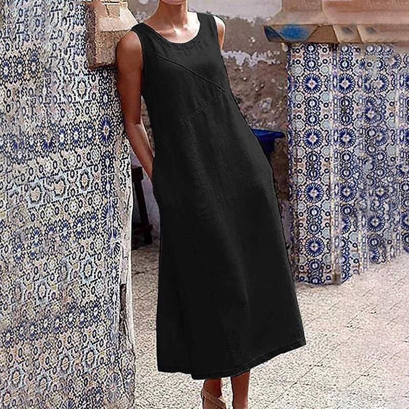 Retro Pocket Comfy Sleeveless Midi Dress