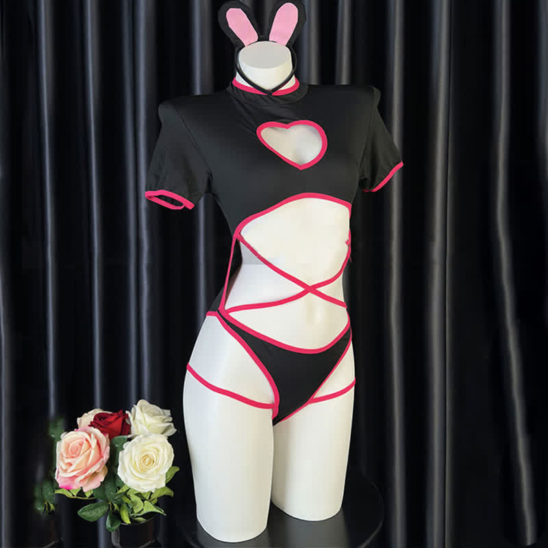 Cosplay Kitty Hollow Out Jumpsuit Lingerie Stockings Set