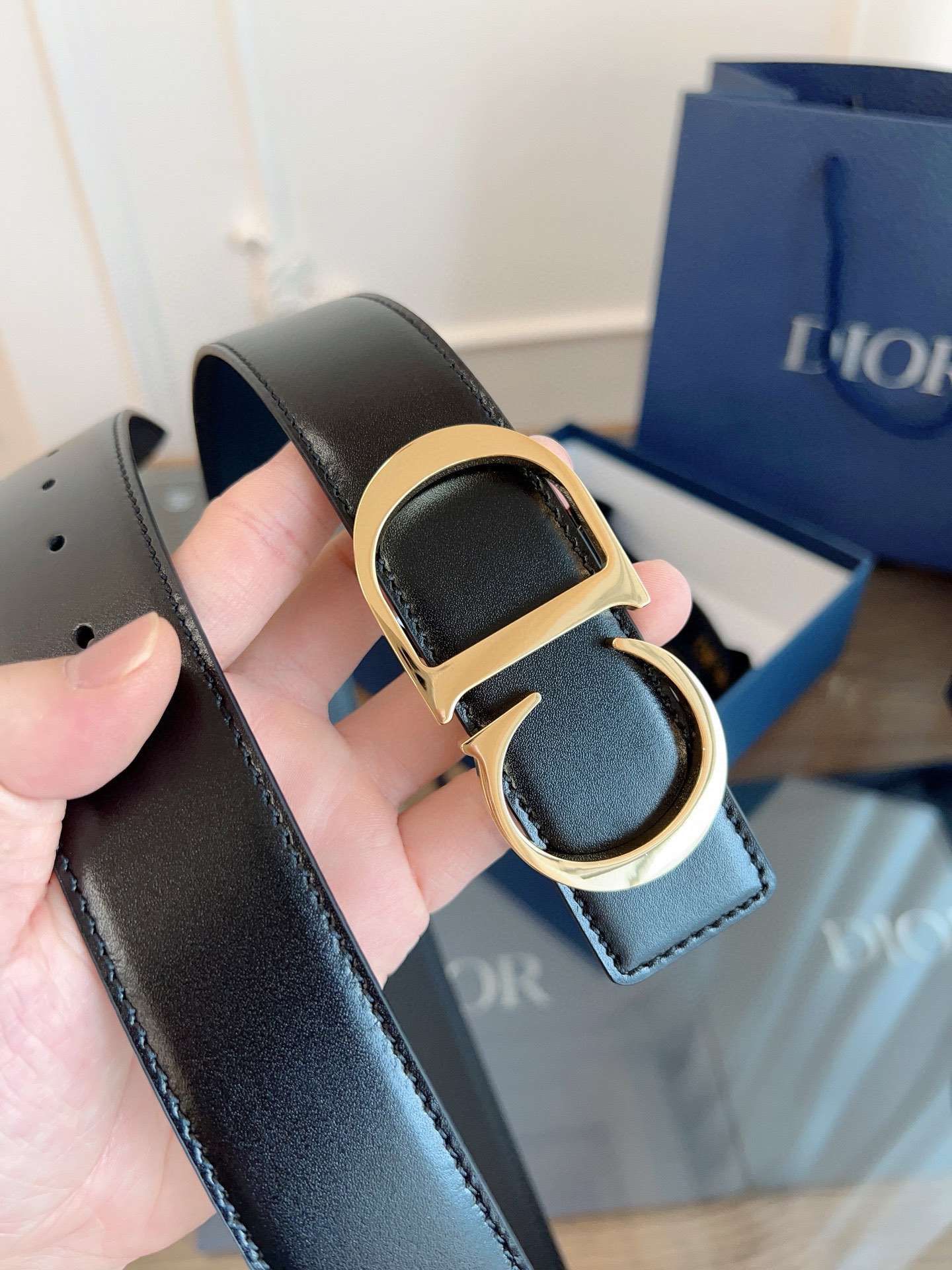 Dior shiny black leather belt width 3.5cm