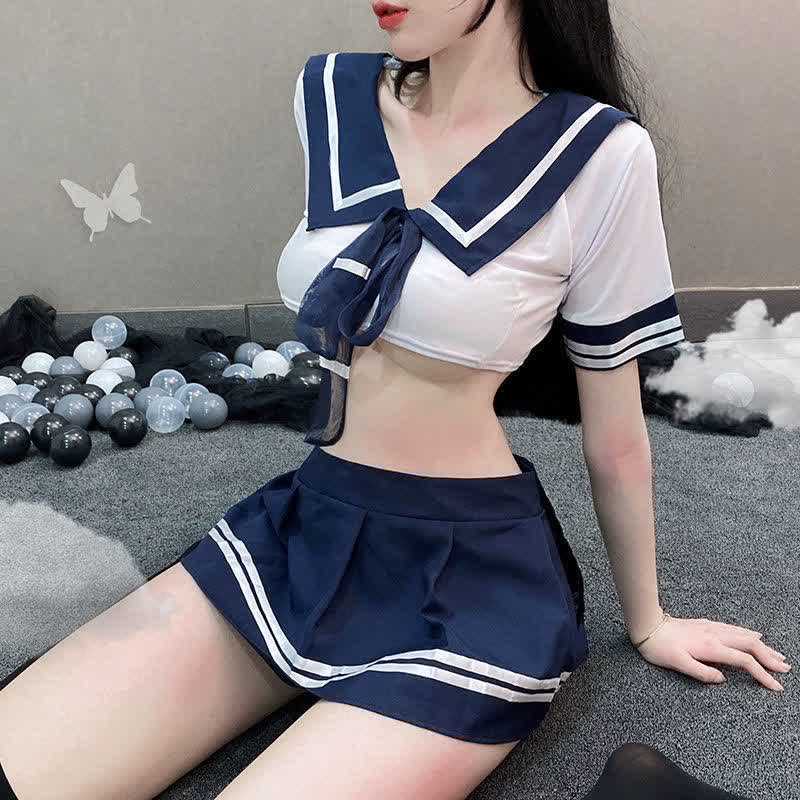 Uniform School Sailor Collar Bow Stripe Lingerie Skirt Set