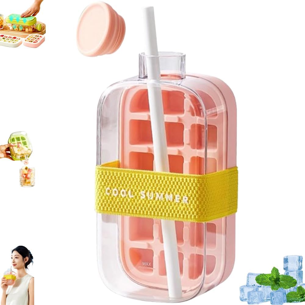 2-in-1 Ice Cube Water Bottle - Freeze & Sip with Touch-Free Release with Lid, Straw & Ice Bin