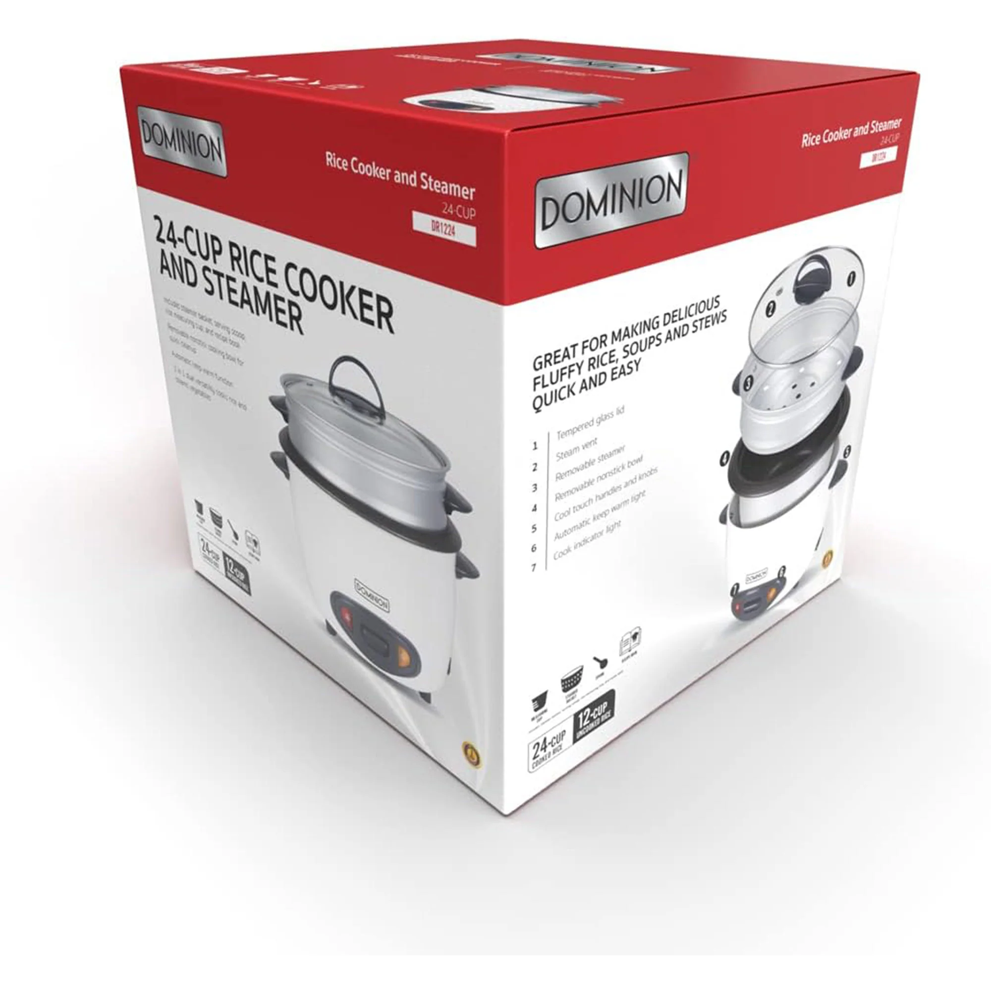 Dominion 24 Cup Cooked (12 Uncooked) Rice Cooker wtih Removable Nonstick Pot & Food Steamer, White