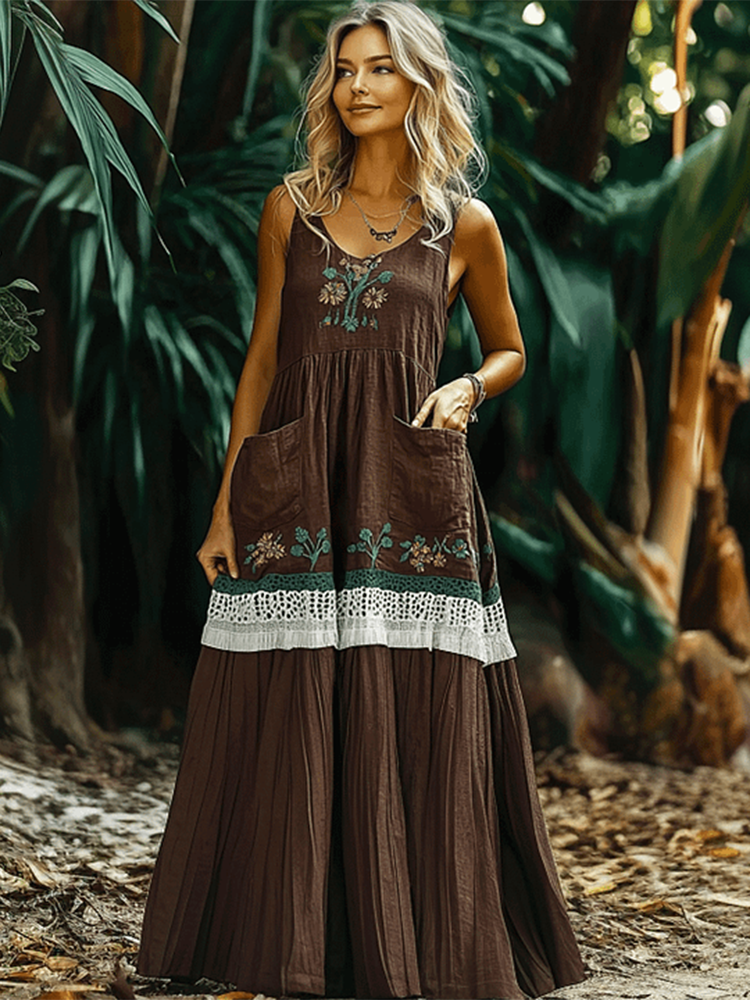 Women's Elegant Bohemian Casual Sleeveless Linen Round Neck Maxi Dress