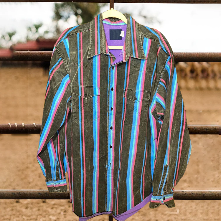 Men's casual retro striped print long sleeve lapel shirt