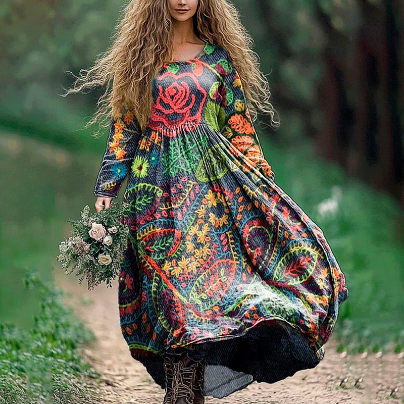 Stitching Floral Embroidery Pattern Women's Flowy Maxi Dress