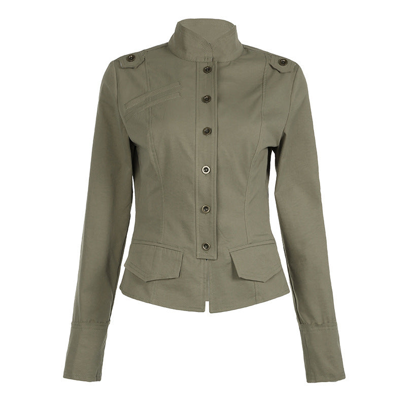 Woman's Heavy-Duty Fashion Jacket with Stand Collar and Zipper Pockets