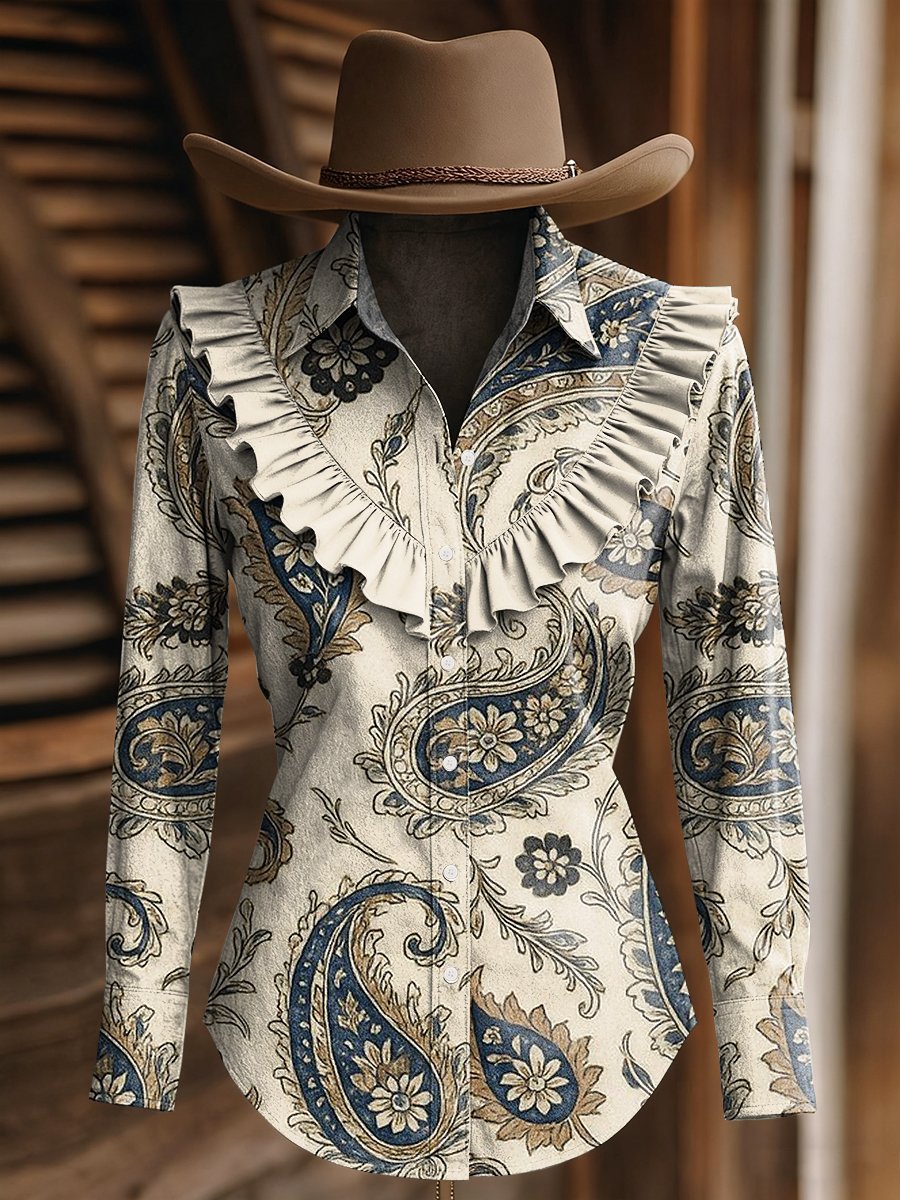 Women's Vintage Paisley Print Western Ruffle Long Sleeve Shirt
