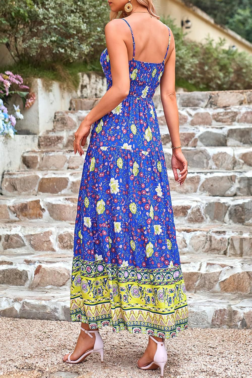 Blue and green Retro Floral Bohemian dress with adjustable shoulder straps