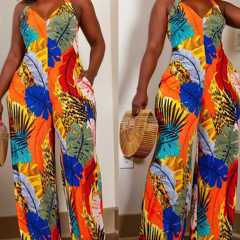 V-Neck Jumpsuit for Women with Leaf Print