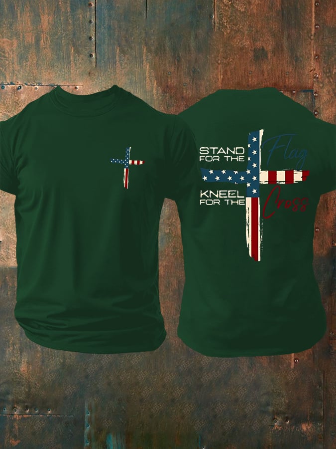 🔥Hot Sale Picks 🔥Men's Stand For The Flag Kneel For The Cross Printed Casual T-Shirt