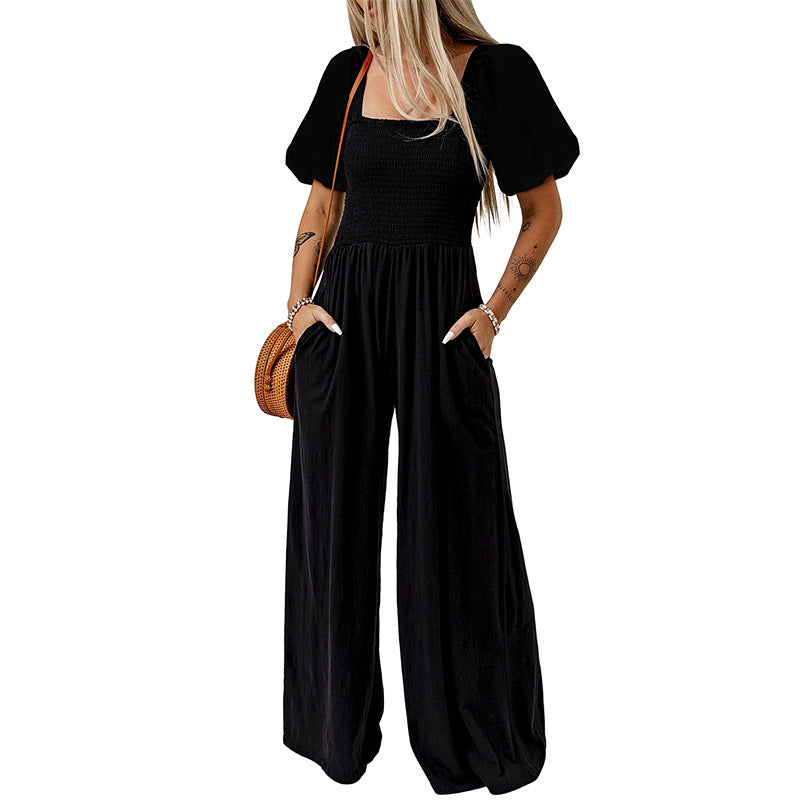 Women's Short Sleeve Jumpsuit with Square Collar