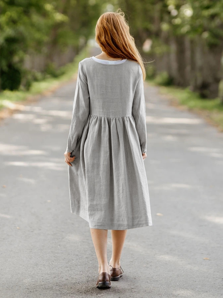 Pleated Wide Skirt Linen Midi Dress
