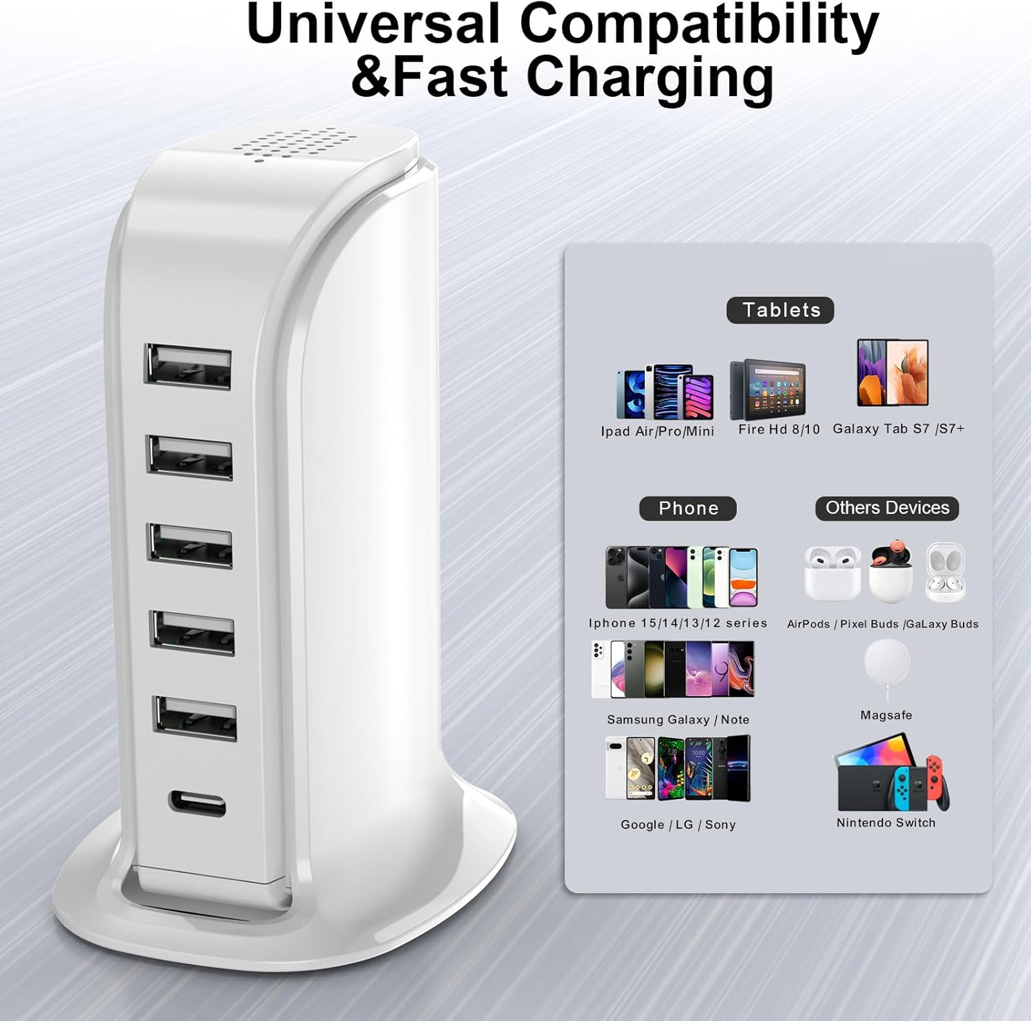 Charger Block 6 in 1 Upoy, 40W USB C Charger 3A, Charging Hub with 5 USB Ports(Shared 6A) for Multiple Electronics, USB Charging Station Multiports, Universal Desktop Phone Charger Travel Ready, Black