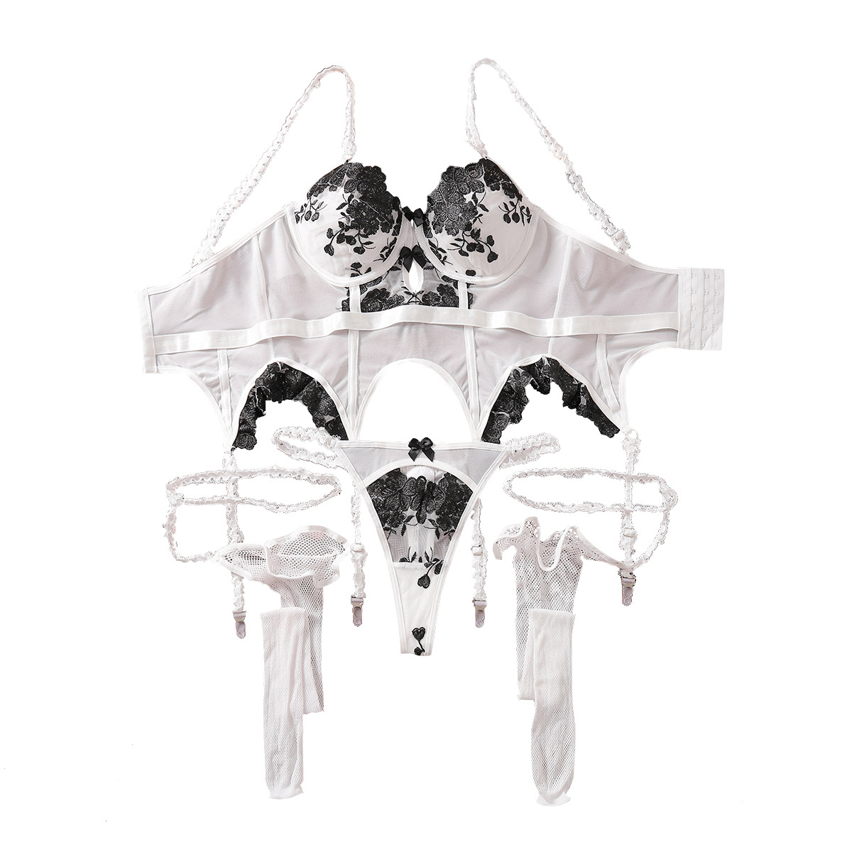 Exquisite embroidered sexy waist suspender bra three-piece set