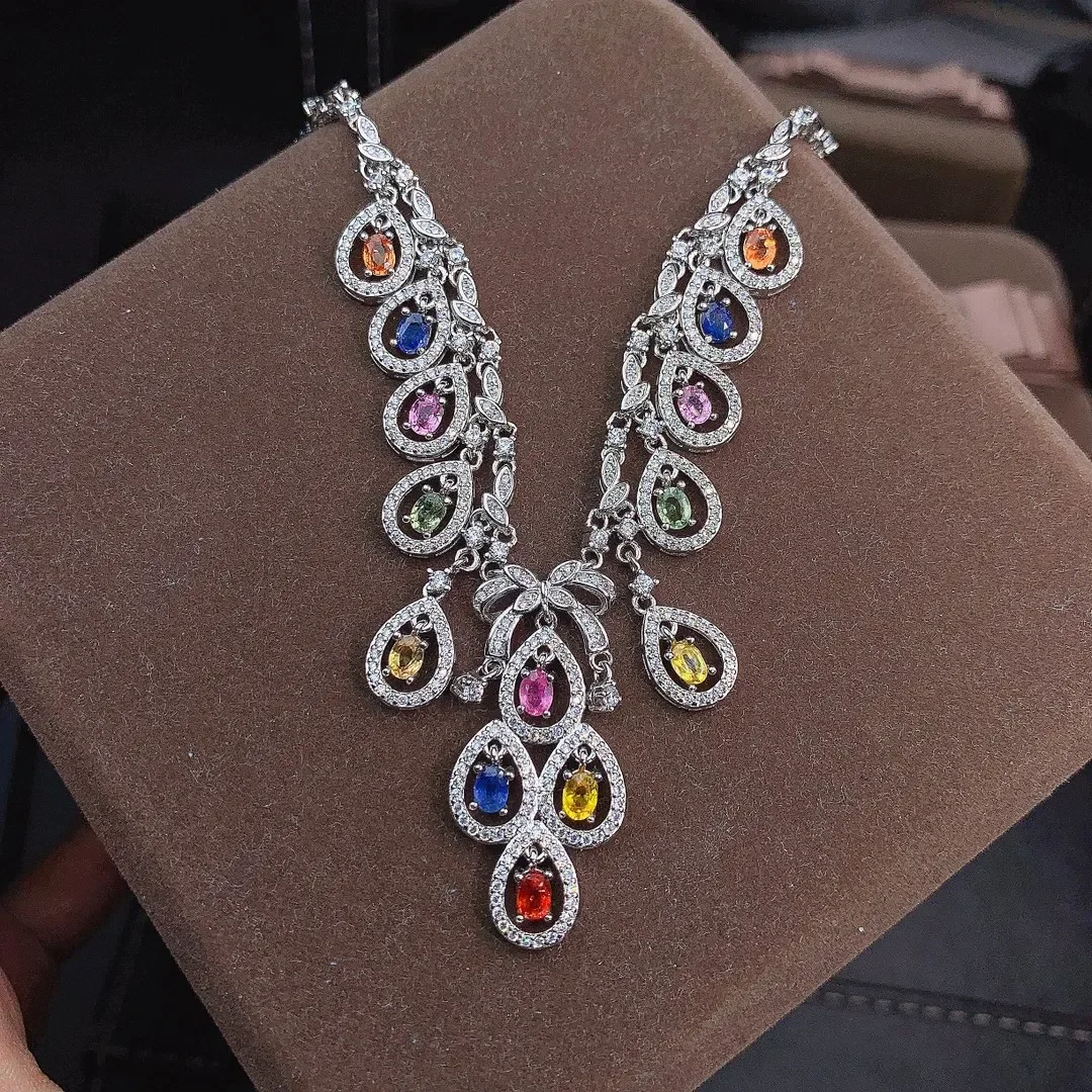 925 Sterling silver natural color sapphire necklace Jewelry Fire color good beauty women's luxury jewelry certified boutique