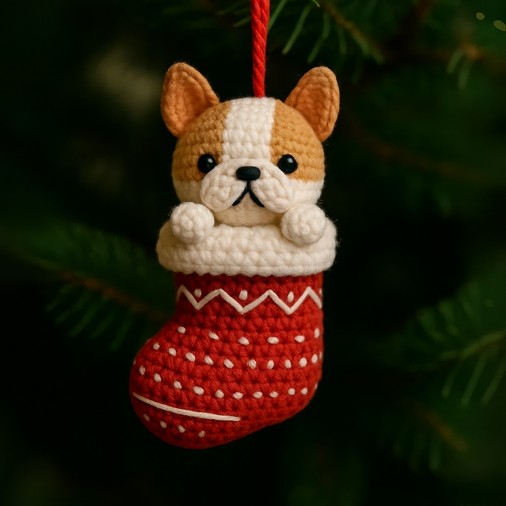 Bulldog-in-a-Stocking Crochet Ornament