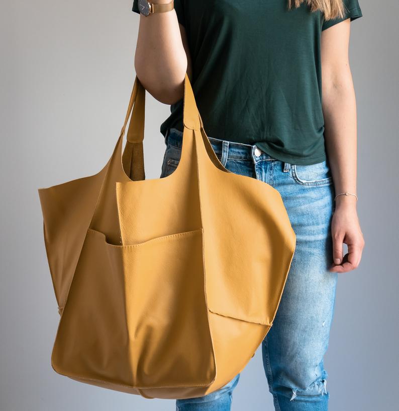 COGNAC LEATHER TOTE bag, Slouchy Tote, Cognac Handbag for Women, Every Day Bag, Women leather bag, Weekender Oversized bag