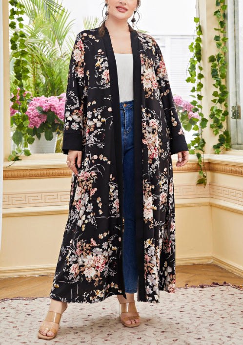 Plus Size Cardigan Coat Color Printing Artistic Long Sleeve Elegant Chiffon Women