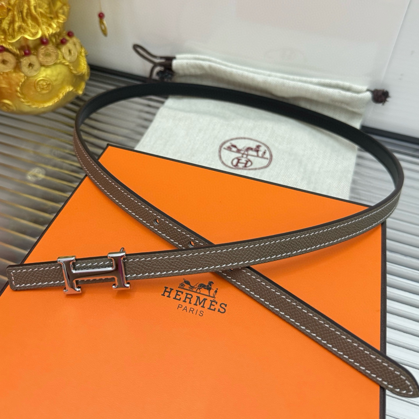 Hermès Mens belt double-sided calfskin women's belt width 1.3CM