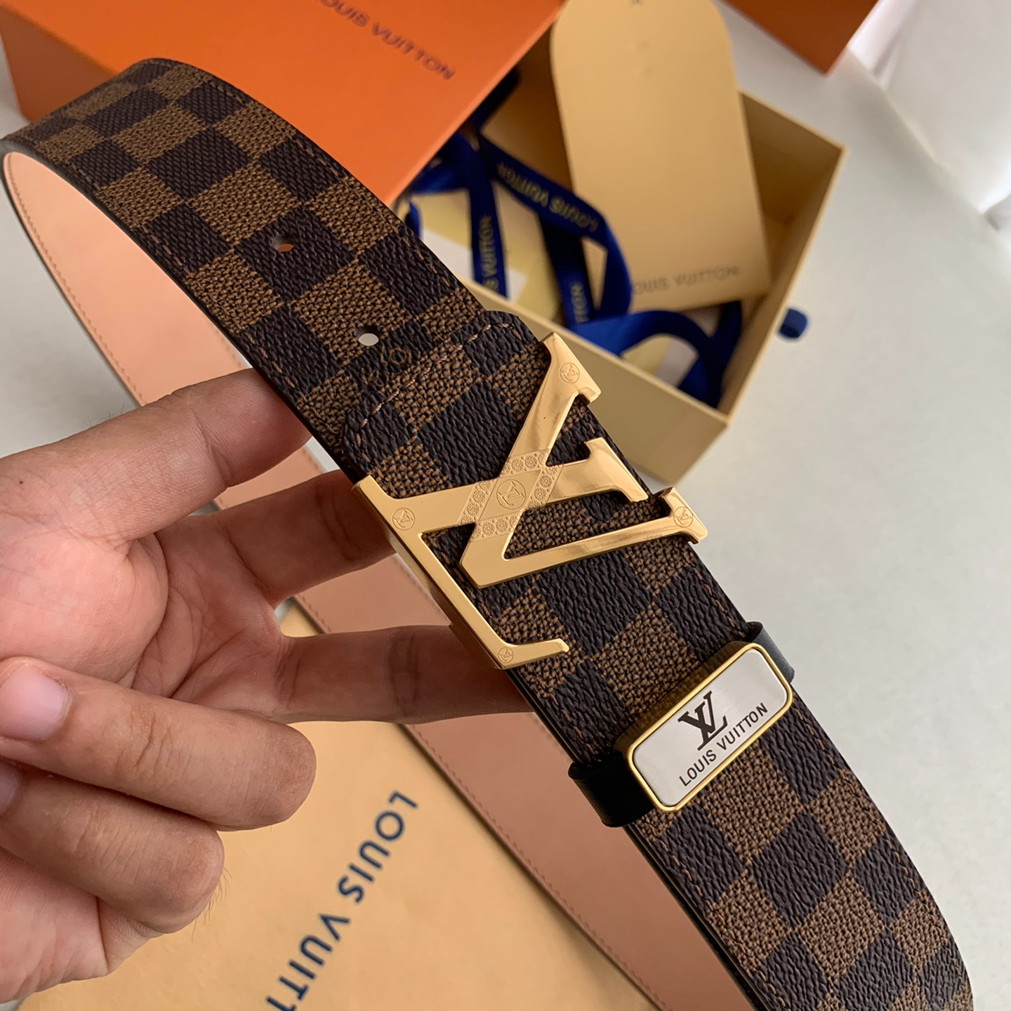 Louis Vuitton Plaid Oldskin Calfskin Men's Belt 3.8CM Width