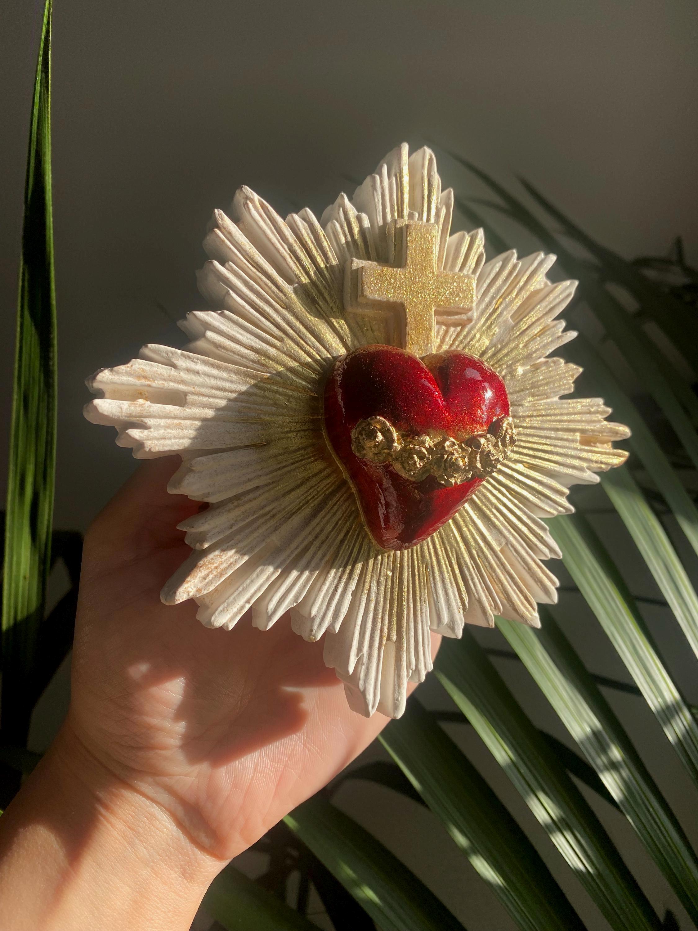 Sacred Heart Wall Decor, Milagro Heart, Flaming Heart & Cross, Handmade.