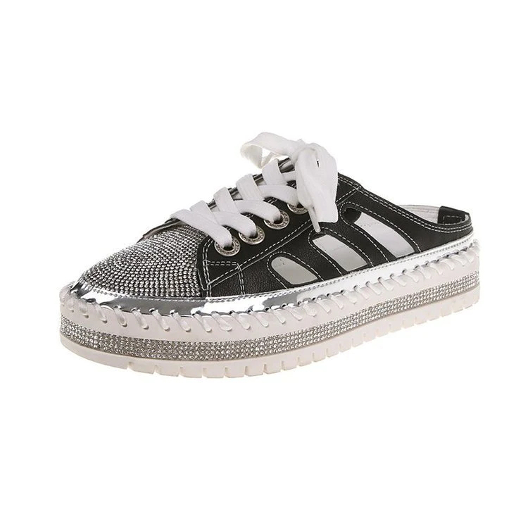 New Flat Platform Half Slippers Bling Mules Crystals Lace-Up Shoes