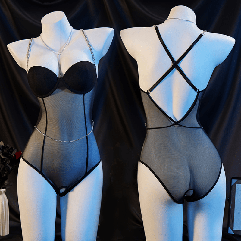 Chain Decor See-through Backless Jumpsuit Lingerie