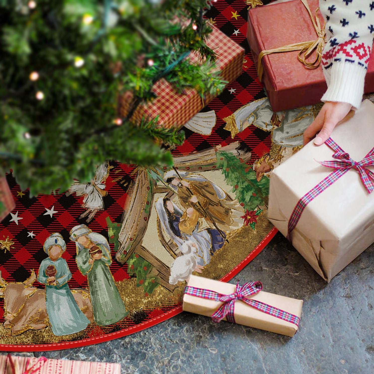 🎄What a Great Gift!🎅Nativity Christmas Tree Skirt, Jesus Christian Winter Holiday Tree Mat Decoration-Buy 2 Free Shipping