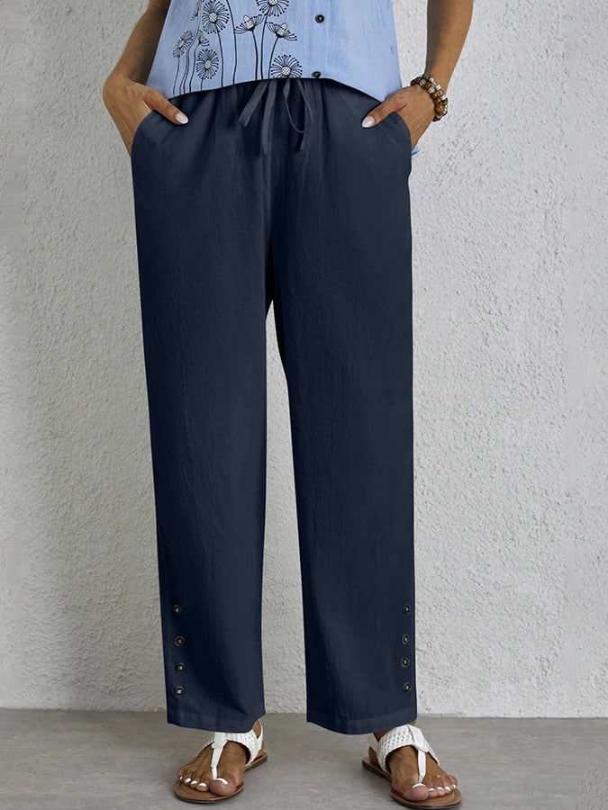 Casual Elegant Lace-Up With Pockets Buttons Lace Side Cotton Linen Trousers