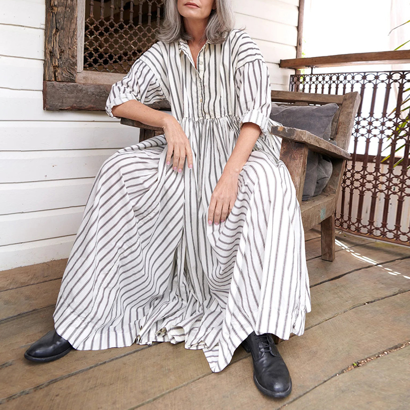 Striped Casual Shirt Collar Long Sleeved Maxi Dress