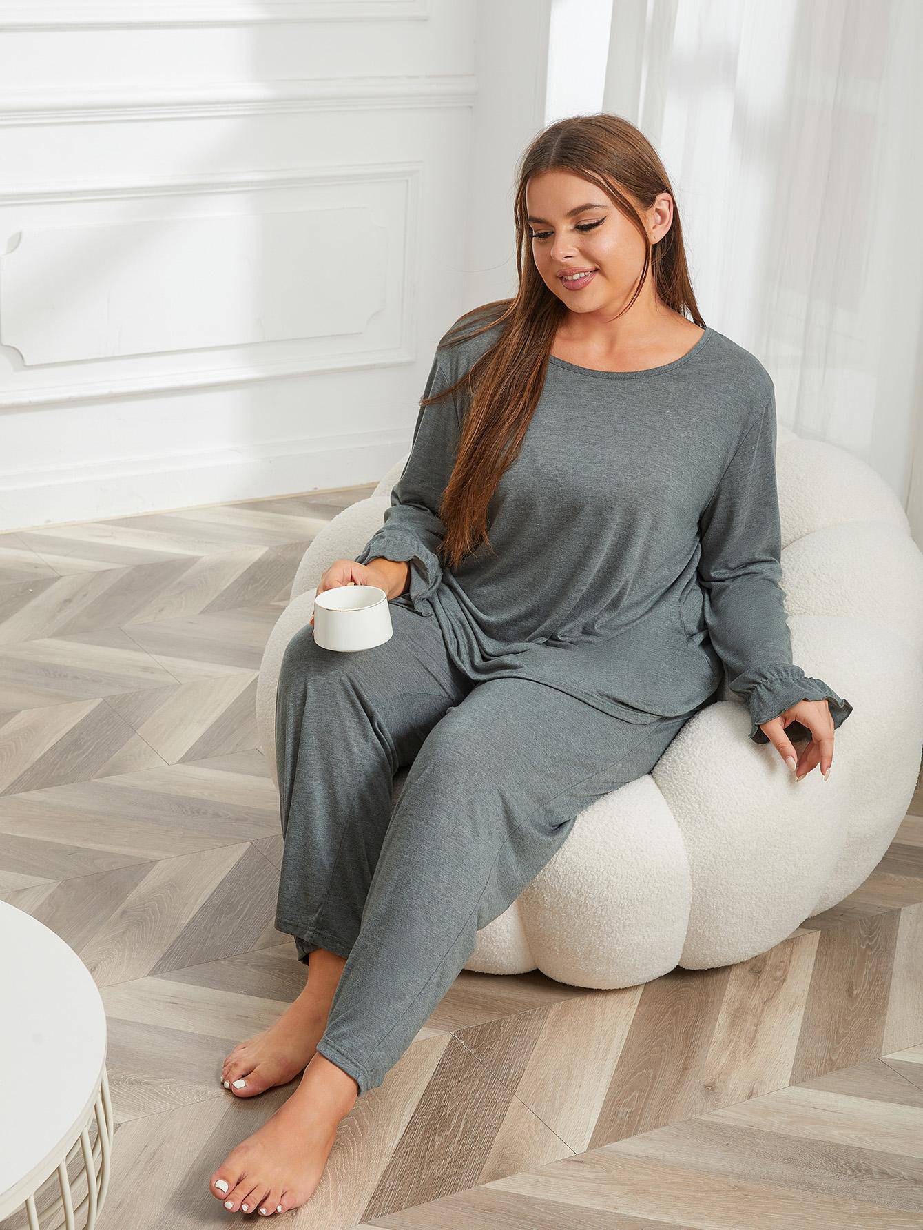 Plus Size Pajamas Women Autumn Winter Solid Color Long Sleeve Home Wear Set