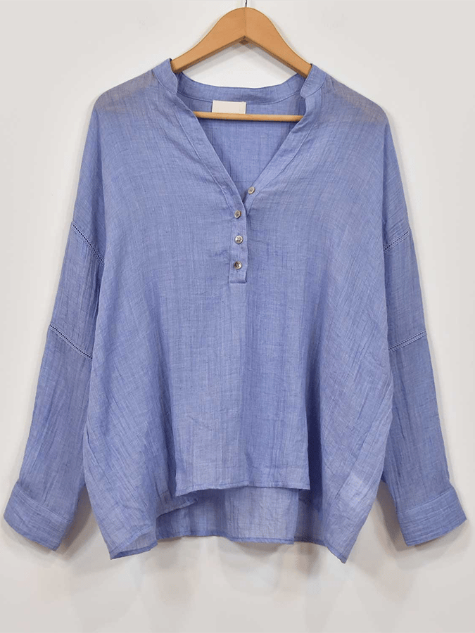Women's Solid Color V-Neck Lace Splicing Design Casual Cotton And Linen Shirt