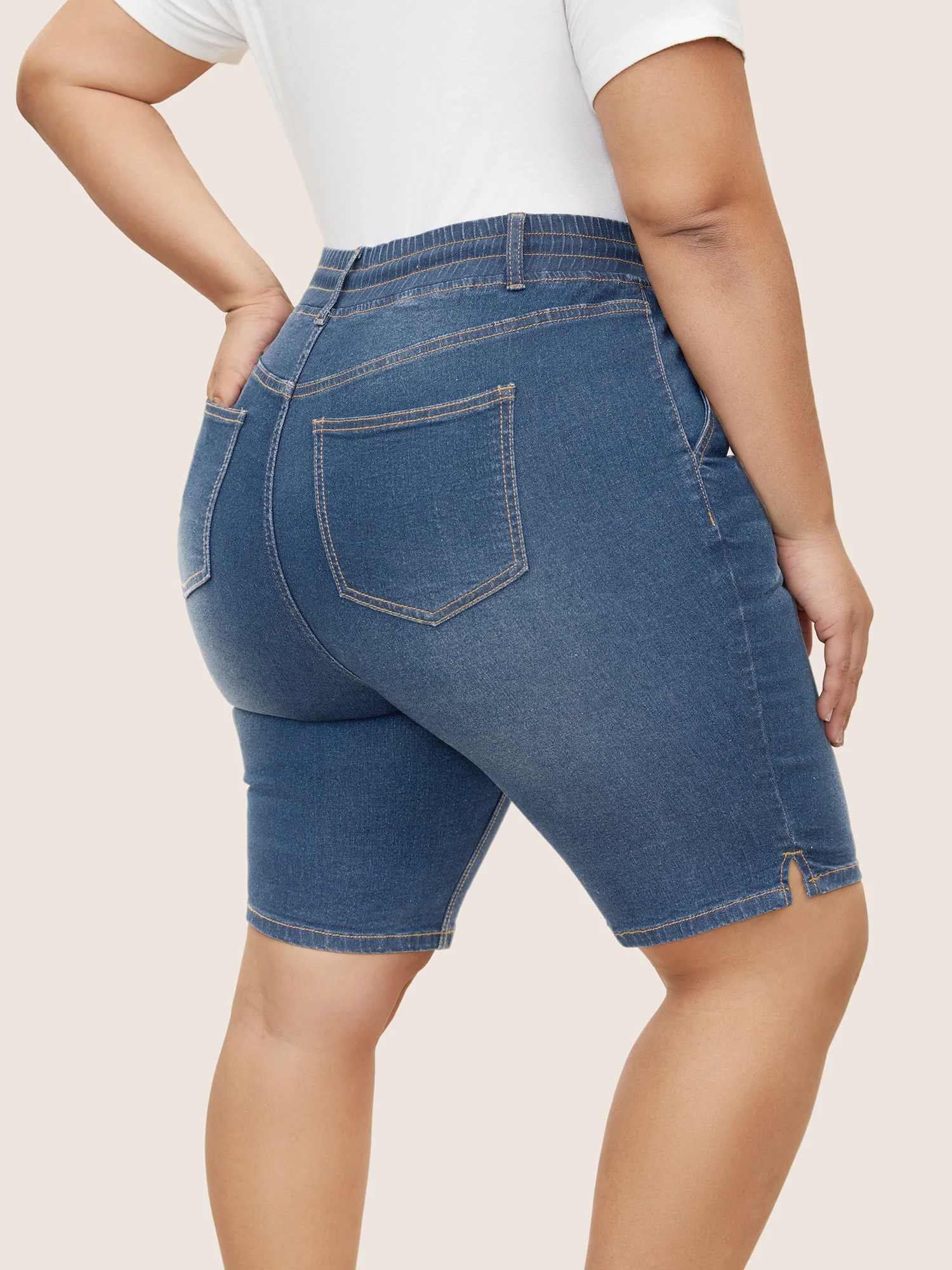 Dark Wash Drawstring Slit Hem Denim Shorts