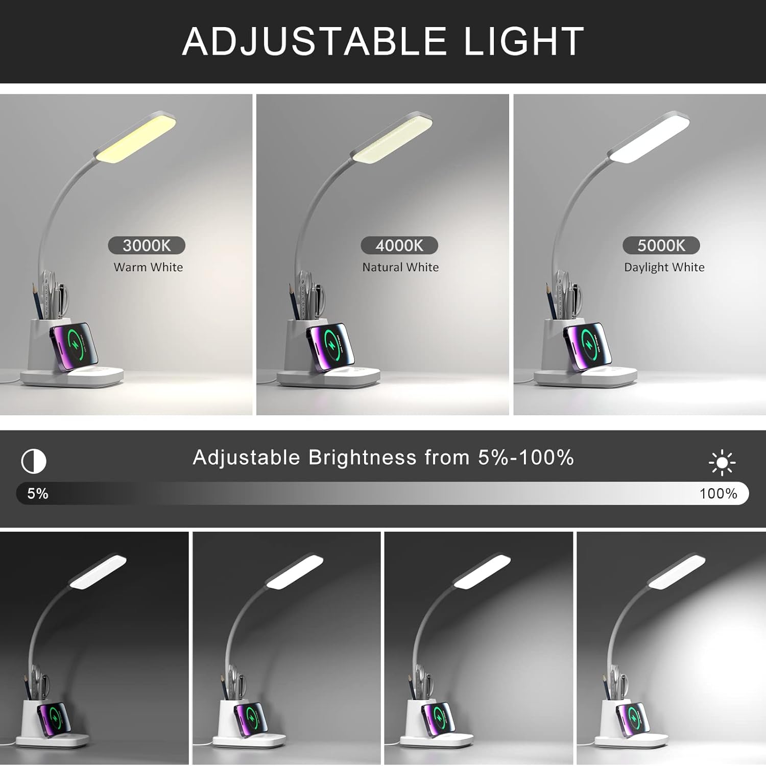 Desk Lamp with Wireless Charger, LED Desk Lamps for Home Office, 800 Lumens, Small Desk Lamp with Pen Holder, Flexible Arm, 3 Modes, Dimming, Touch Lamp for College Dorm Room