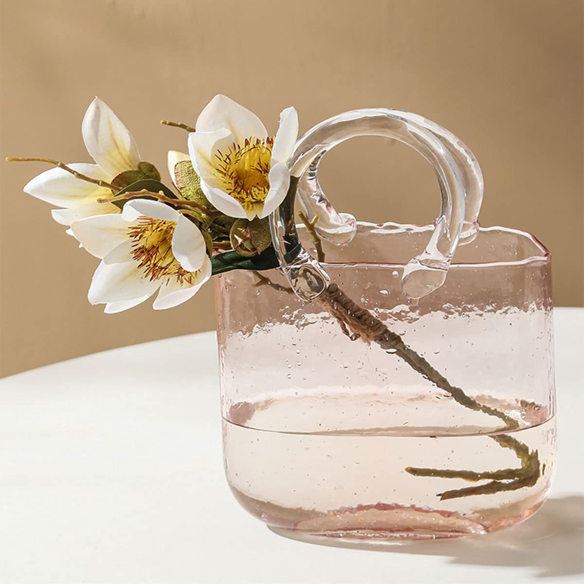 Glass Purse Vases for Flowers,Hand Blown Pink Vase with Bubbles in It