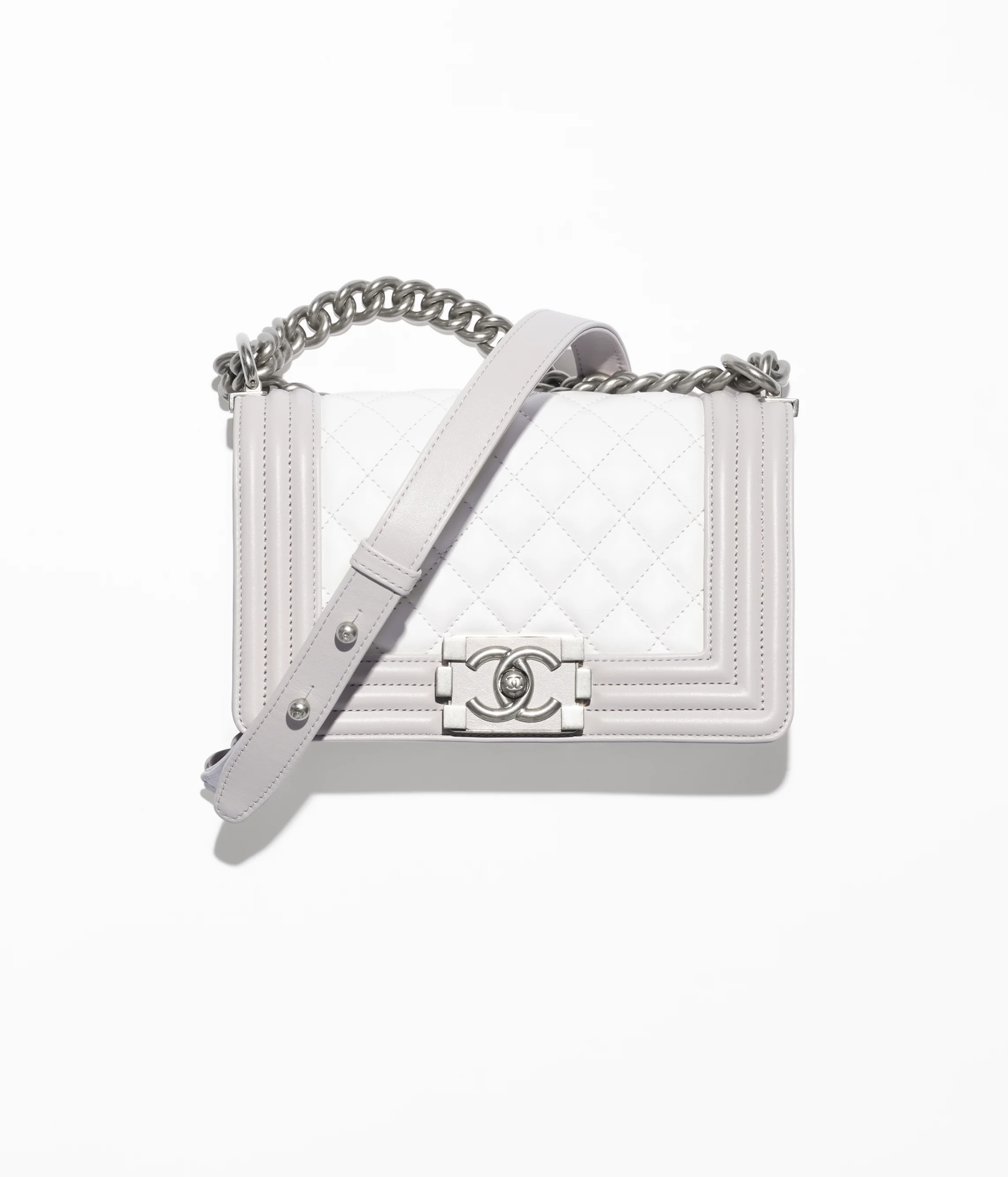 CHANEL Small BOY CHANEL Handbag Calfskin & Silver-Tone Metal White & Light Gray A67085-B18720-NACVA