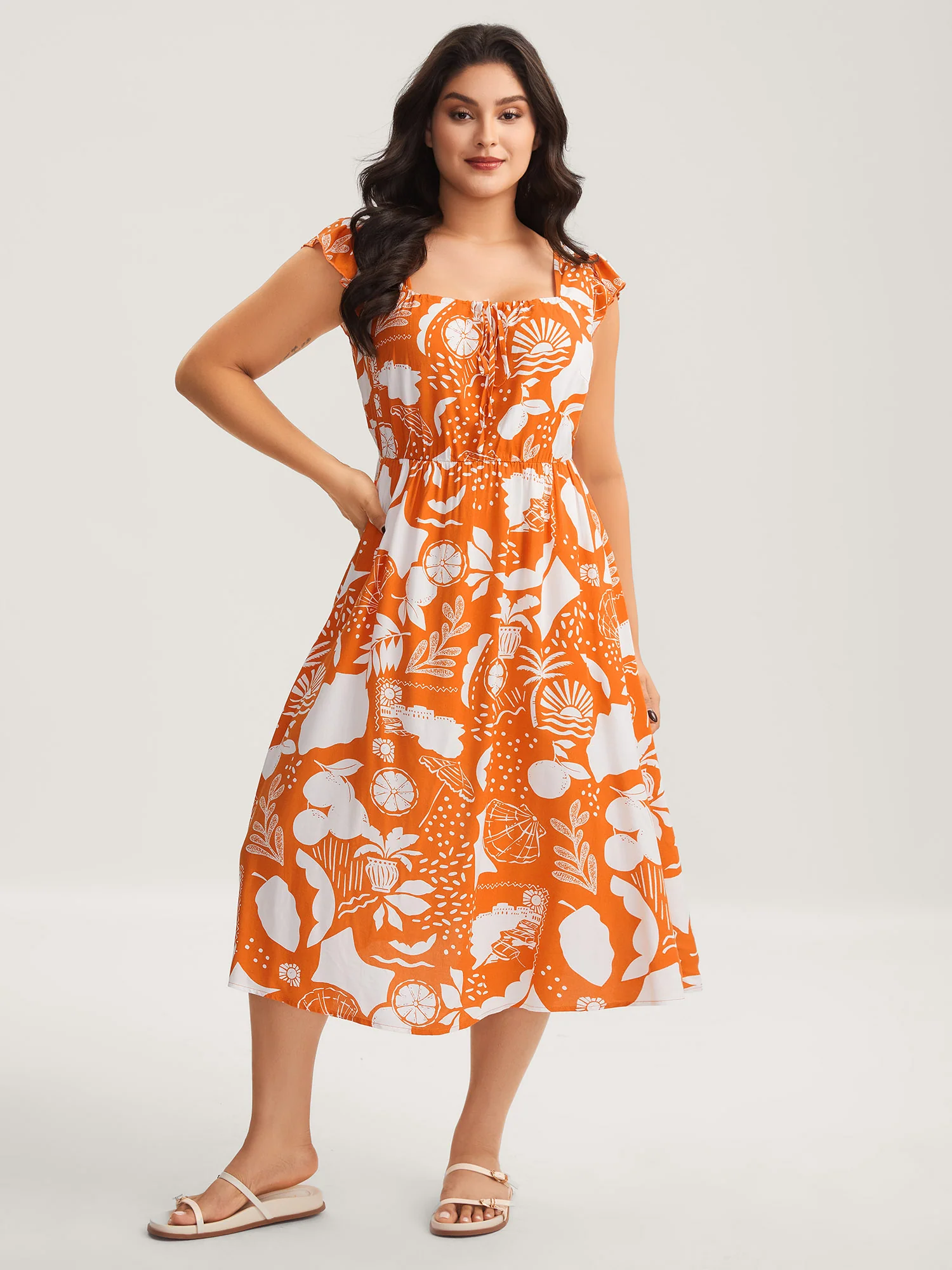 Rayon Fruity Floral Neck Tie Midi Dress