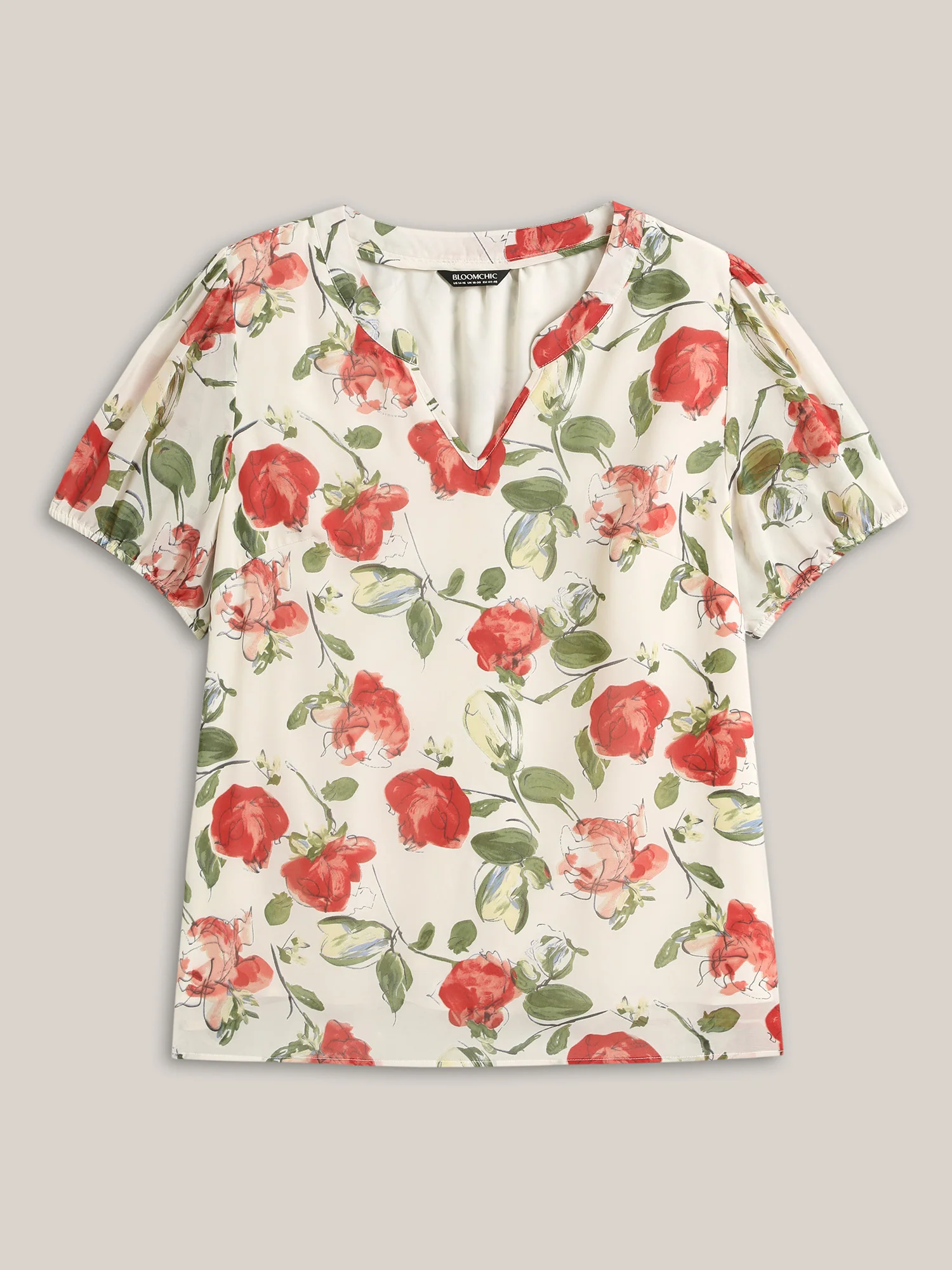 Rosy Print Sheer Notched Collar Blouse