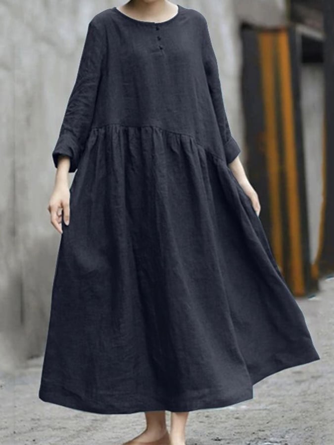 Ladies Cotton Linen Irregular Piece Round Neck Pocket Long Sleeve Dress