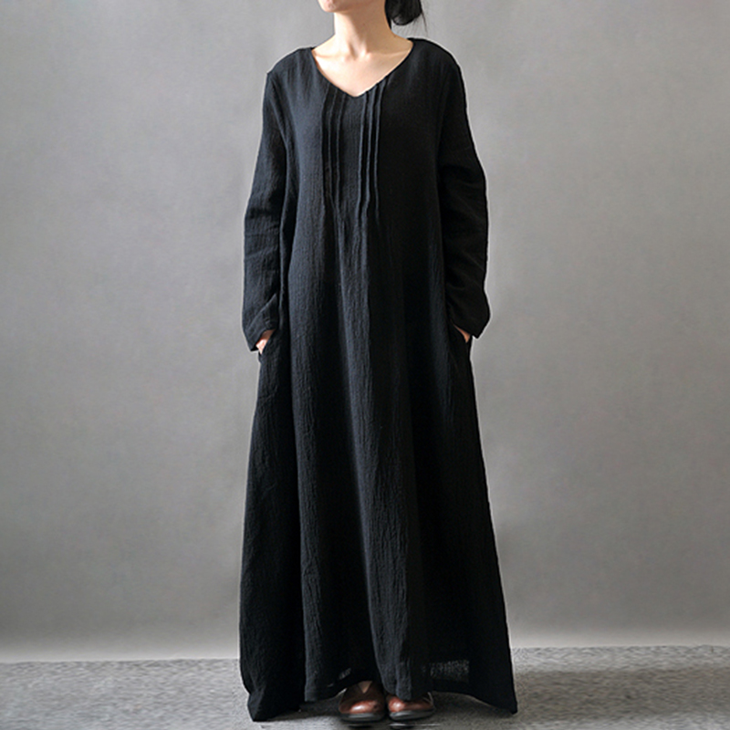 Solid Color Pleat Pocket Casual Maxi Dress
