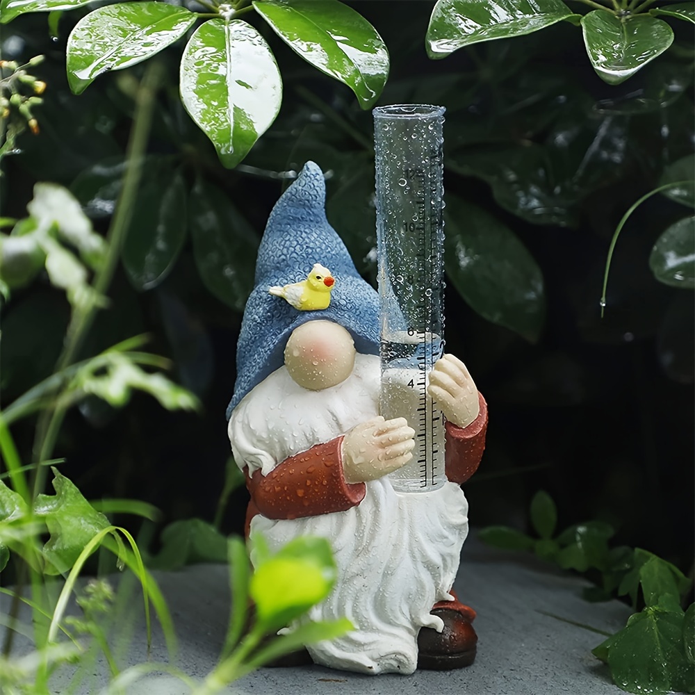 1pc Resin Gnome Rain Gauges, Resin Gnome Garden Statue With A Plastic Rain Gauge, Hand Painted Gnome Sculpture Water Gauge For Rain