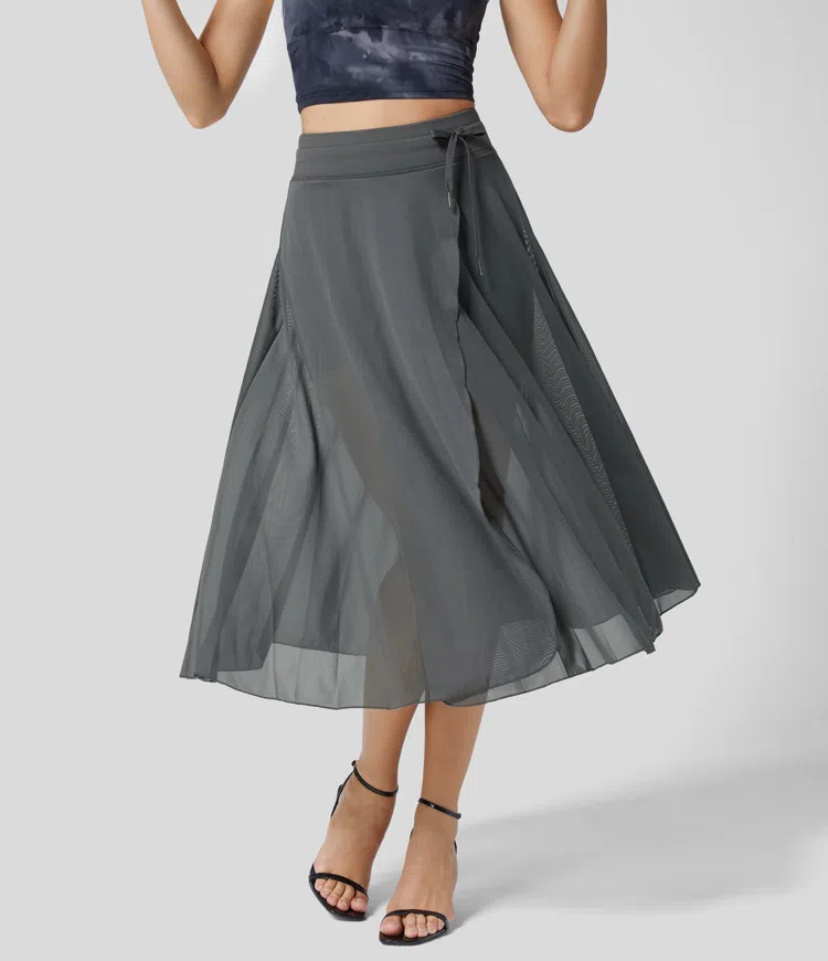 ON SALE🔥High Waisted Drawstring Contrast Mesh 2-in-1 Side Pocket Flowy Midi Flare Casual Skirt