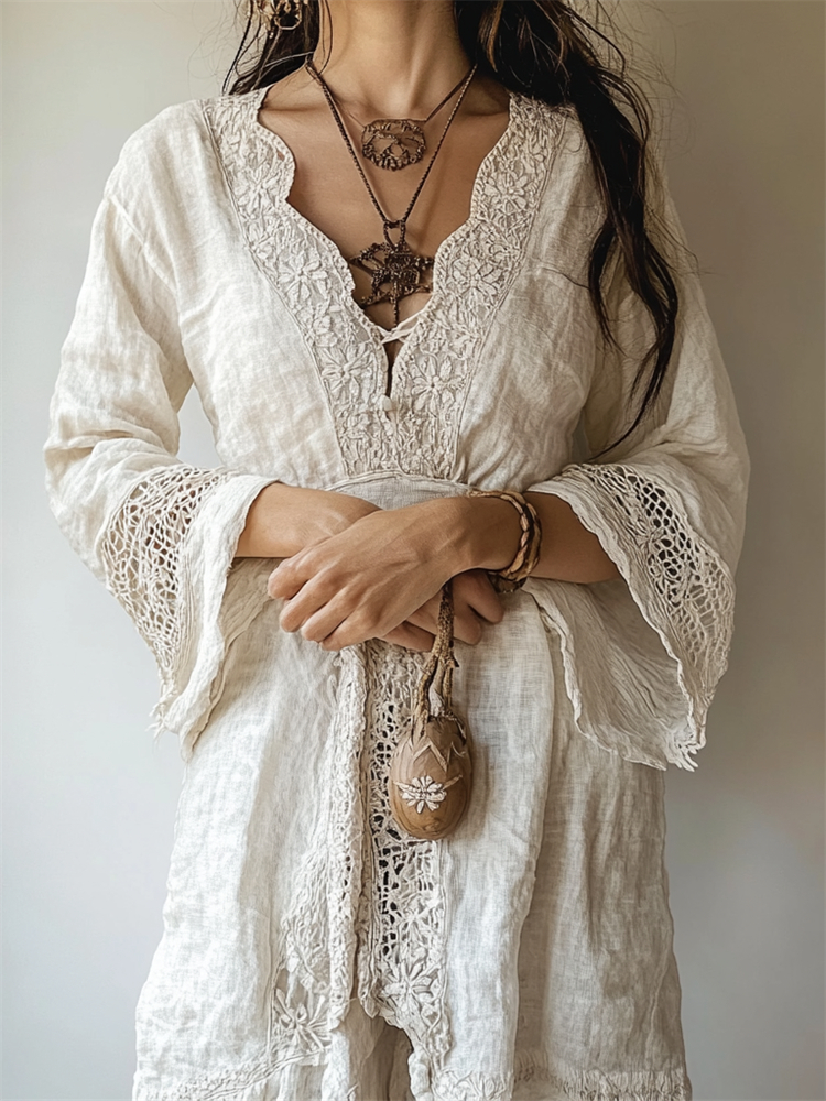 Vintage Floral Lace Hem V Neck Linen Blend Dress