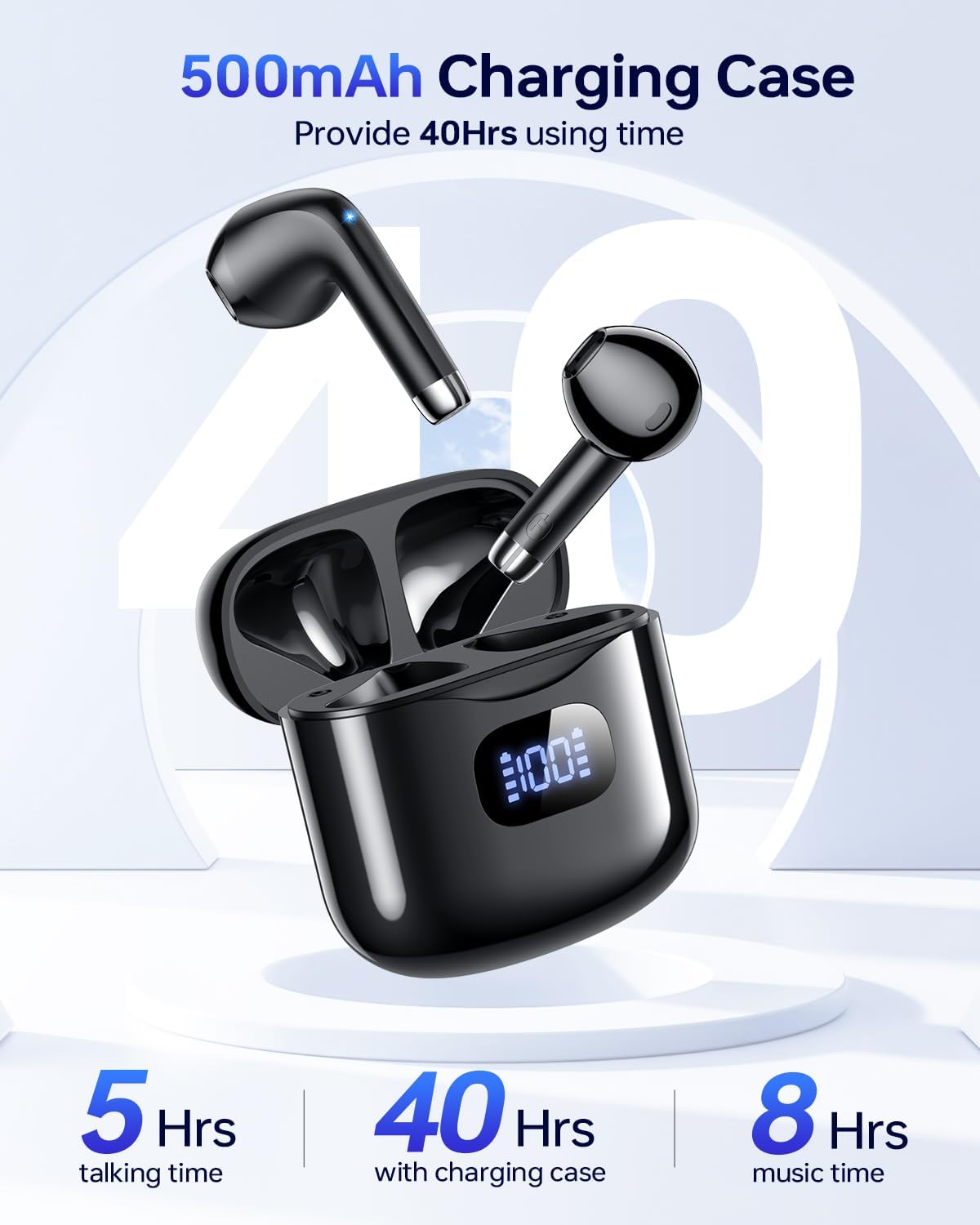 Wireless Earbuds, Bluetooth 5.3 Headphones 40Hrs Playtime with Charging Case, IPX5 Waterproof Stereo in-Ear Earphones with Microphone for iOS Android Cell Phone Sports Workout, Black