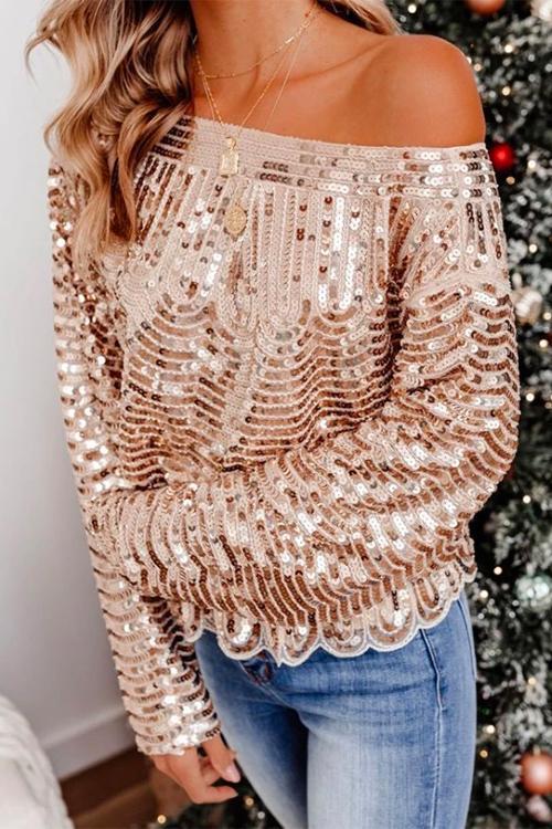 Heididress Long Sleeve Waisted Ruffle Sequin Tops