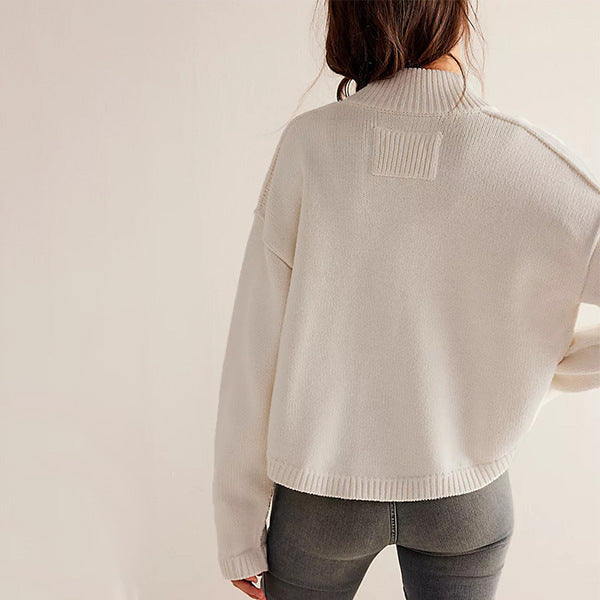 Women's Knitted Coat with Stand Collar – Solid Color Cardigan Sweater